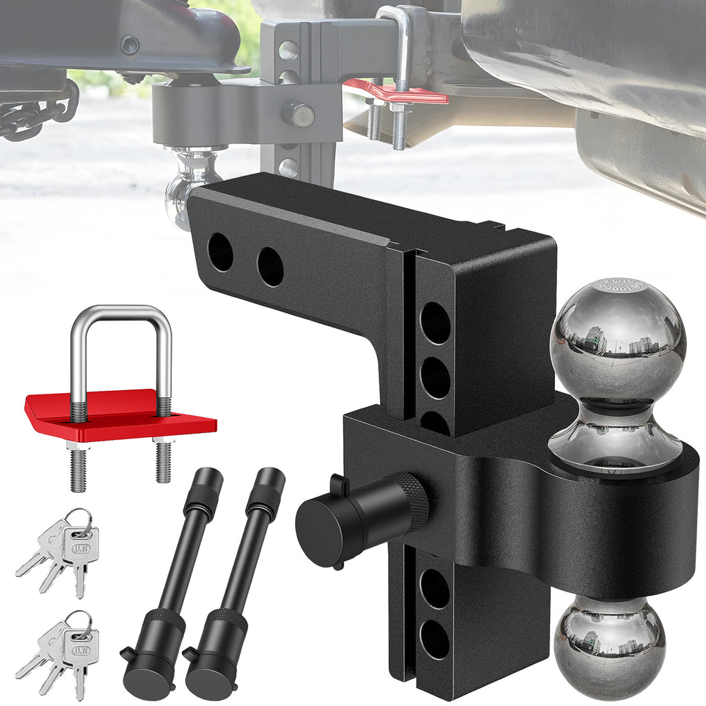 Adjustable Trailer Hitch, Fits 2" Receiver-Heavy Duty Aluminum Tow Hitches with 6-inch Drop/Rise for Truck (13,500 lbs GTW) - Weatherproof Double Anti-Theft Locking Hitch Pins