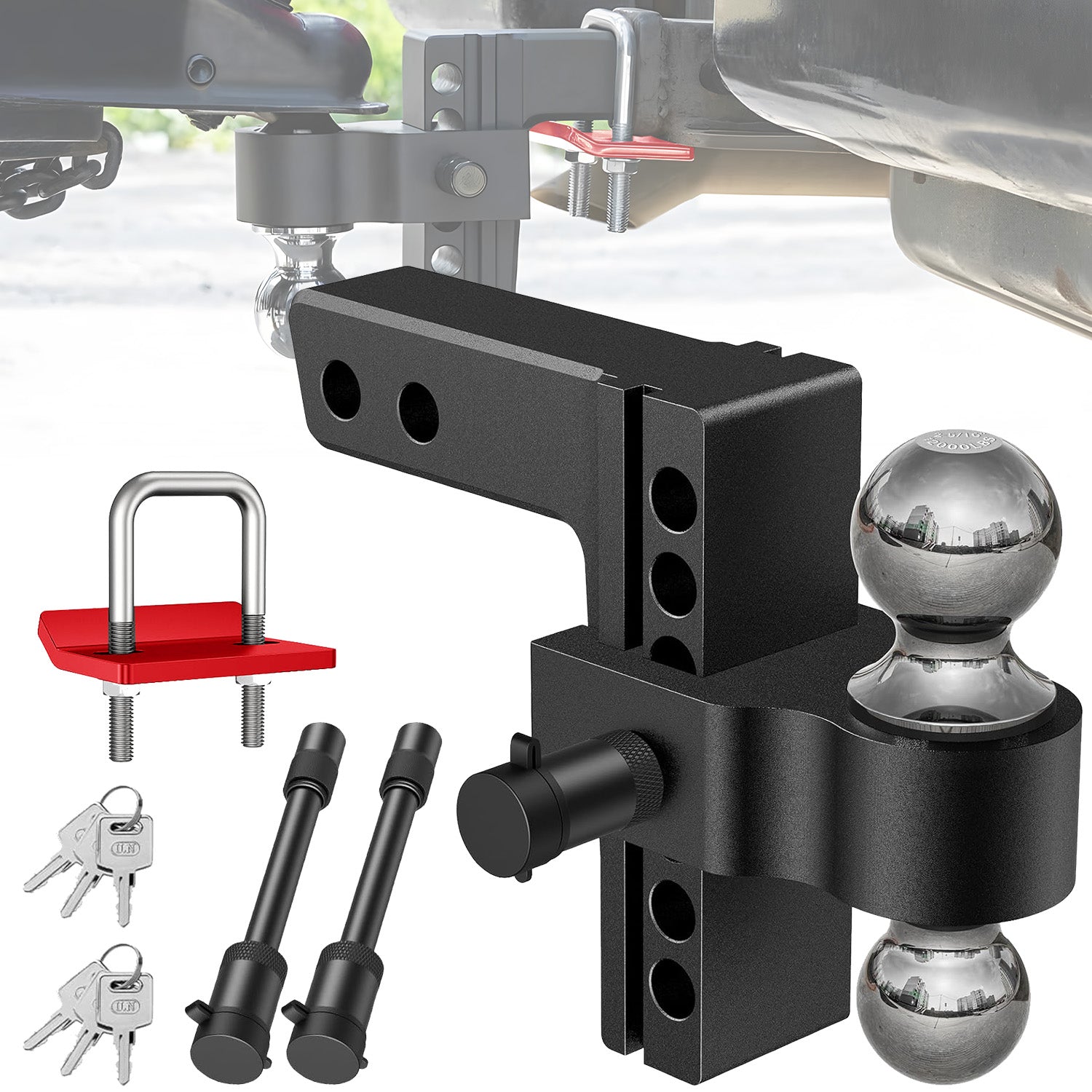 Adjustable Trailer Hitch, Fits 2" Receiver-Heavy Duty Aluminum Tow Hitches with 6-inch Drop/Rise for Truck (13,500 lbs GTW) - Weatherproof Double Anti-Theft Locking Hitch Pins