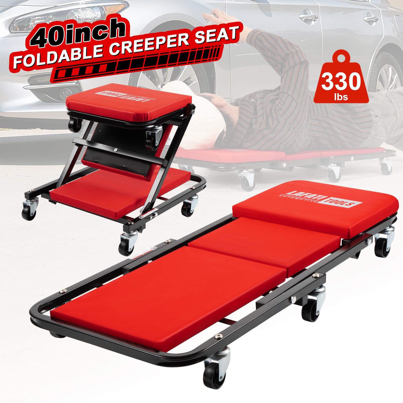 40 inch Foldable Creeper Seat, 2 in 1 Rolling Folding Car Creeper/Stool, 6 Pcs 2" Casters, 330 Lbs Weight Capacity,Wheels for Garage,Shop,Auto Repair,Lay Down or Sit(Red)