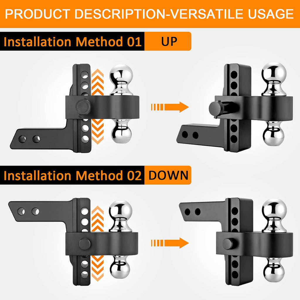 Adjustable Trailer Hitch, Fits 2" Receiver-Heavy Duty Aluminum Tow Hitches with 6-inch Drop/Rise for Truck (13,500 lbs GTW) - Weatherproof Double Anti-Theft Locking Hitch Pins