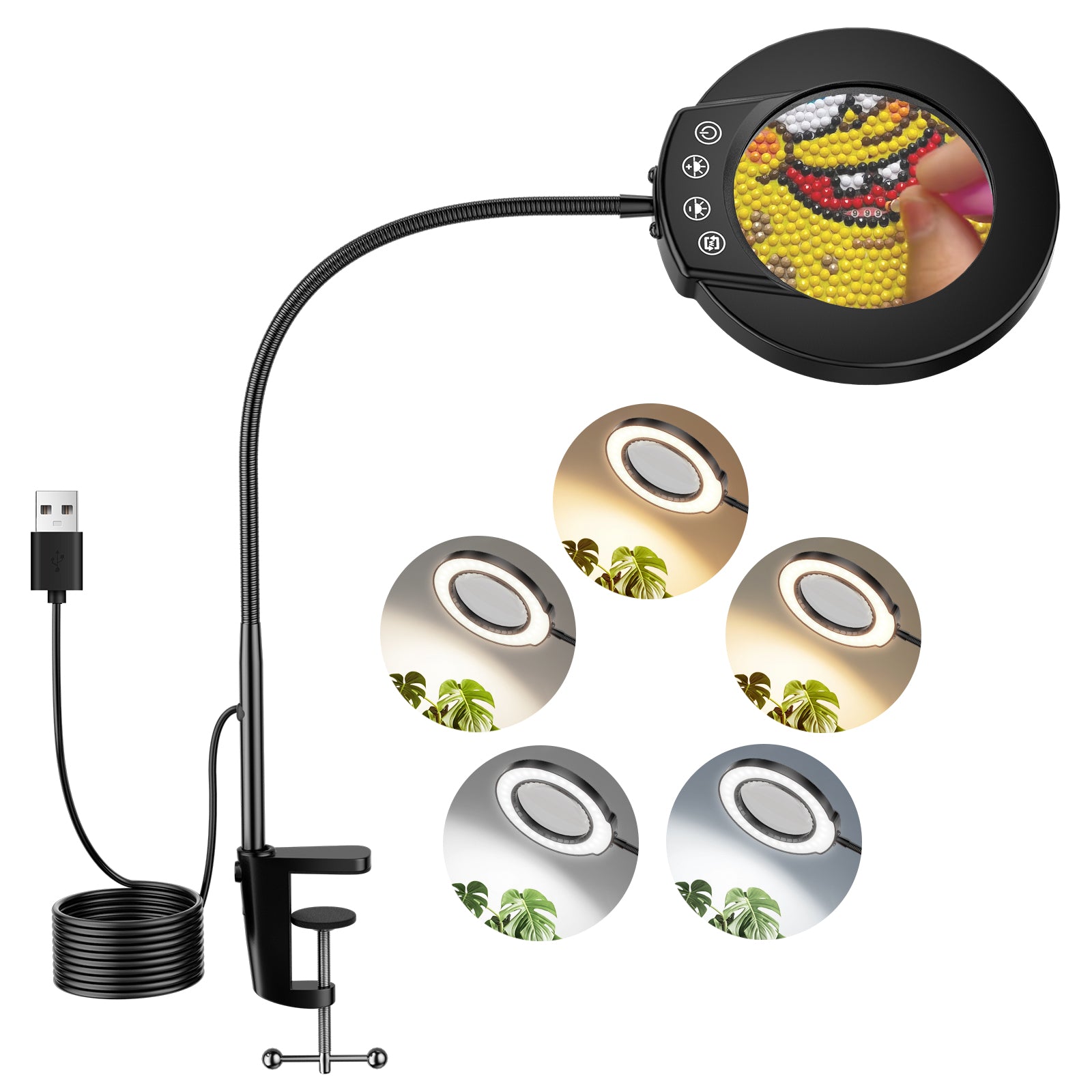 10X Magnifying Glass Lamp with Light and Stand, 5Color Modes & 5 Brightness Levels, Adjustable Swivel Arm for Close Work, Reading, Crafts, Repairing