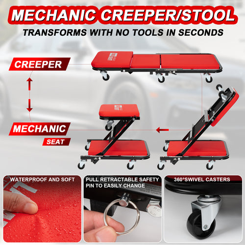 40 inch Foldable Creeper Seat, 2 in 1 Rolling Folding Car Creeper/Stool, 6 Pcs 2" Casters, 330 Lbs Weight Capacity,Wheels for Garage,Shop,Auto Repair,Lay Down or Sit(Red)