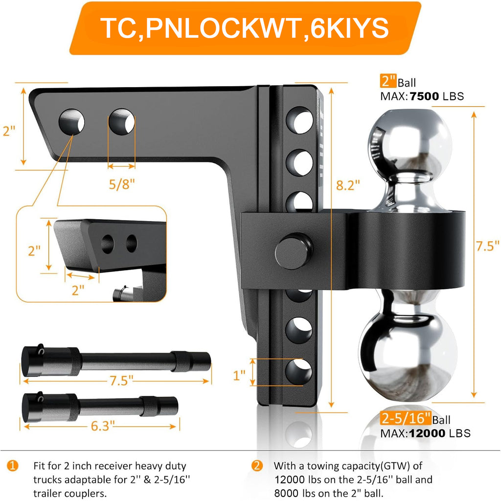 Adjustable Trailer Hitch, Fits 2" Receiver-Heavy Duty Aluminum Tow Hitches with 6-inch Drop/Rise for Truck (13,500 lbs GTW) - Weatherproof Double Anti-Theft Locking Hitch Pins