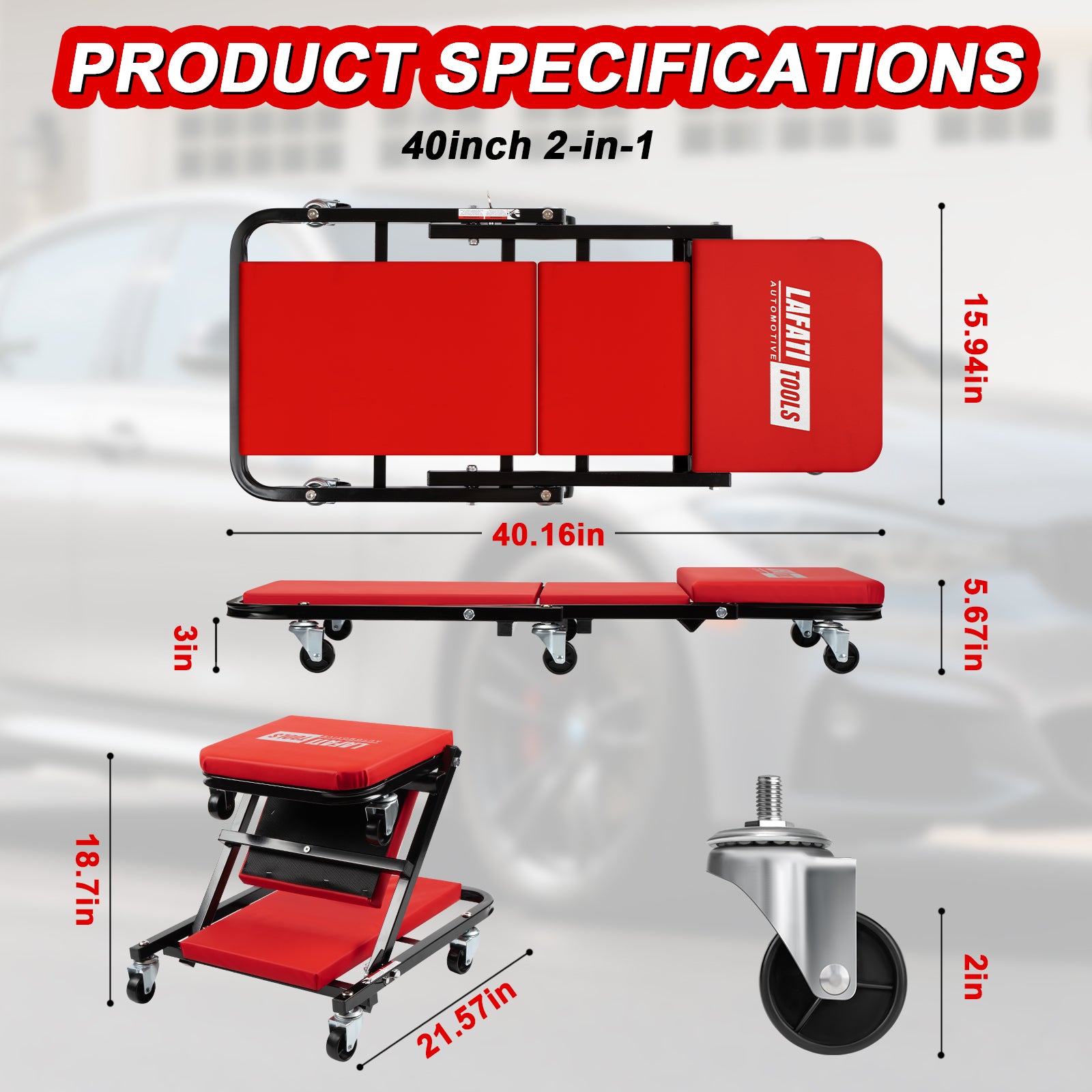 40 inch Foldable Creeper Seat, 2 in 1 Rolling Folding Car Creeper/Stool, 6 Pcs 2" Casters, 330 Lbs Weight Capacity,Wheels for Garage,Shop,Auto Repair,Lay Down or Sit(Red)