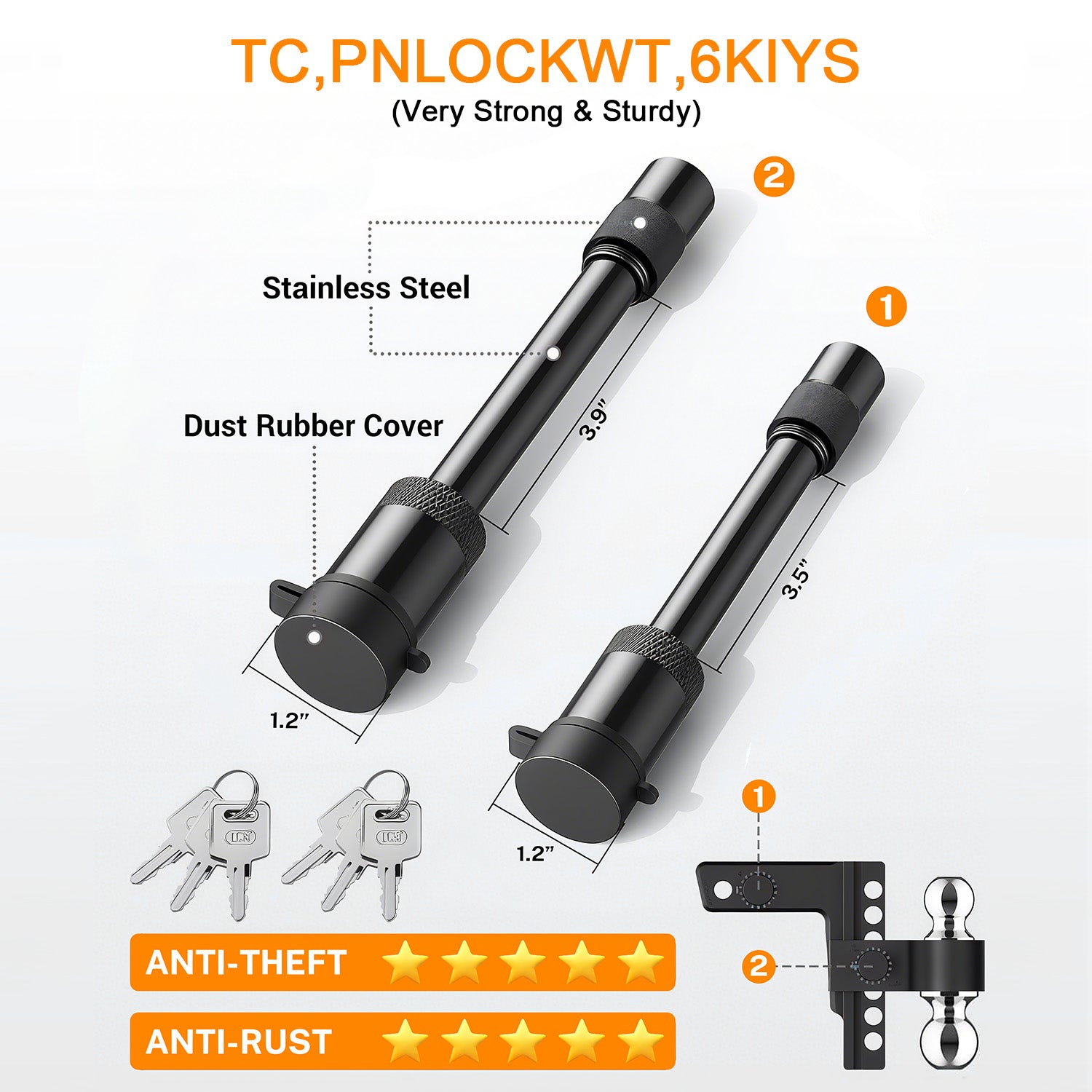 Adjustable Trailer Hitch, Fits 2" Receiver-Heavy Duty Aluminum Tow Hitches with 6-inch Drop/Rise for Truck (13,500 lbs GTW) - Weatherproof Double Anti-Theft Locking Hitch Pins