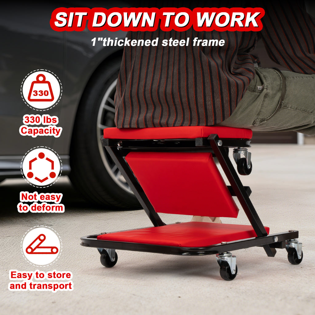 40 inch Foldable Creeper Seat, 2 in 1 Rolling Folding Car Creeper/Stool, 6 Pcs 2" Casters, 330 Lbs Weight Capacity,Wheels for Garage,Shop,Auto Repair,Lay Down or Sit(Red)