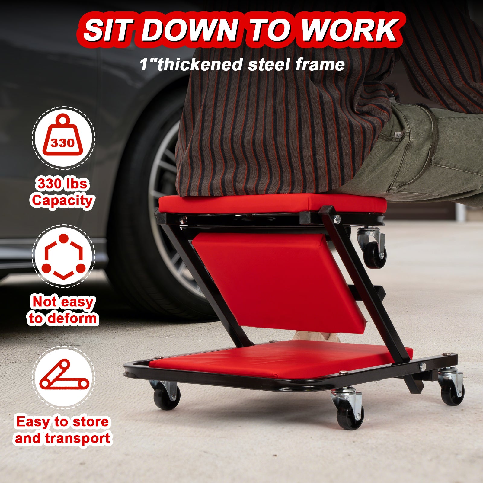 40 inch Foldable Creeper Seat, 2 in 1 Rolling Folding Car Creeper/Stool, 6 Pcs 2" Casters, 330 Lbs Weight Capacity,Wheels for Garage,Shop,Auto Repair,Lay Down or Sit(Red)