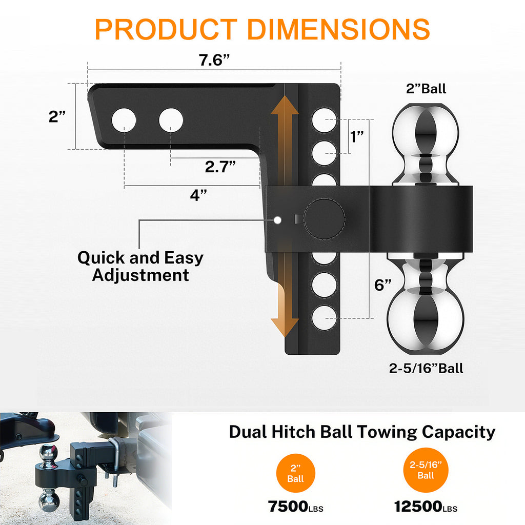 Adjustable Trailer Hitch, Fits 2" Receiver-Heavy Duty Aluminum Tow Hitches with 6-inch Drop/Rise for Truck (13,500 lbs GTW) - Weatherproof Double Anti-Theft Locking Hitch Pins