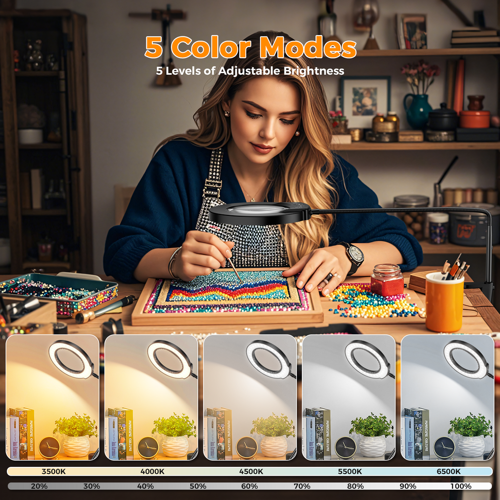 10X Magnifying Glass Lamp with Light and Stand, 5Color Modes & 5 Brightness Levels, Adjustable Swivel Arm for Close Work, Reading, Crafts, Repairing