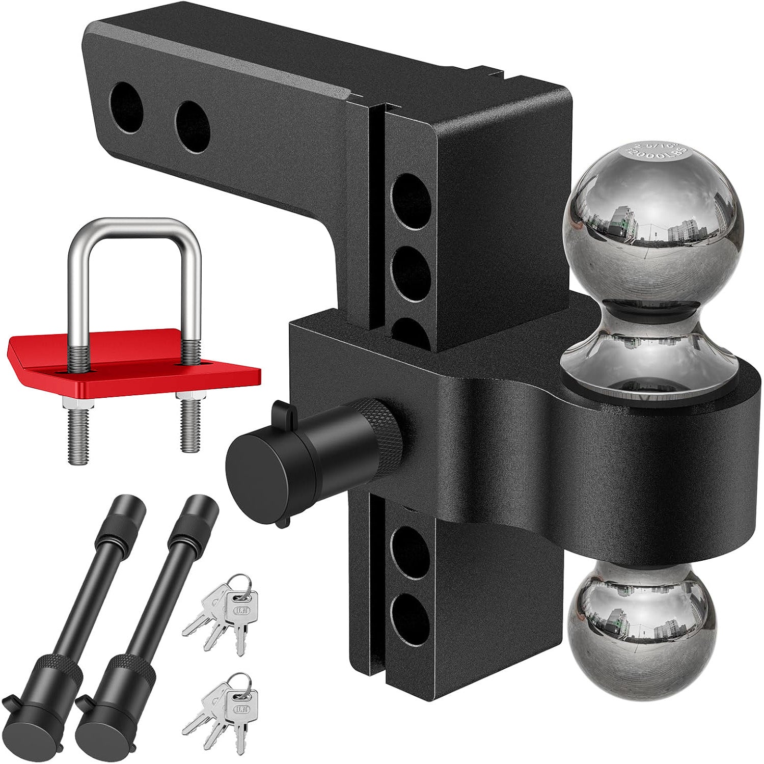 Adjustable Trailer Hitch, Fits 2" Receiver-Heavy Duty Aluminum Tow Hitches with 6-inch Drop/Rise for Truck (13,500 lbs GTW) - Weatherproof Double Anti-Theft Locking Hitch Pins