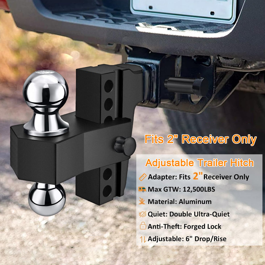Adjustable Trailer Hitch, Fits 2" Receiver-Heavy Duty Aluminum Tow Hitches with 6-inch Drop/Rise for Truck (13,500 lbs GTW) - Weatherproof Double Anti-Theft Locking Hitch Pins