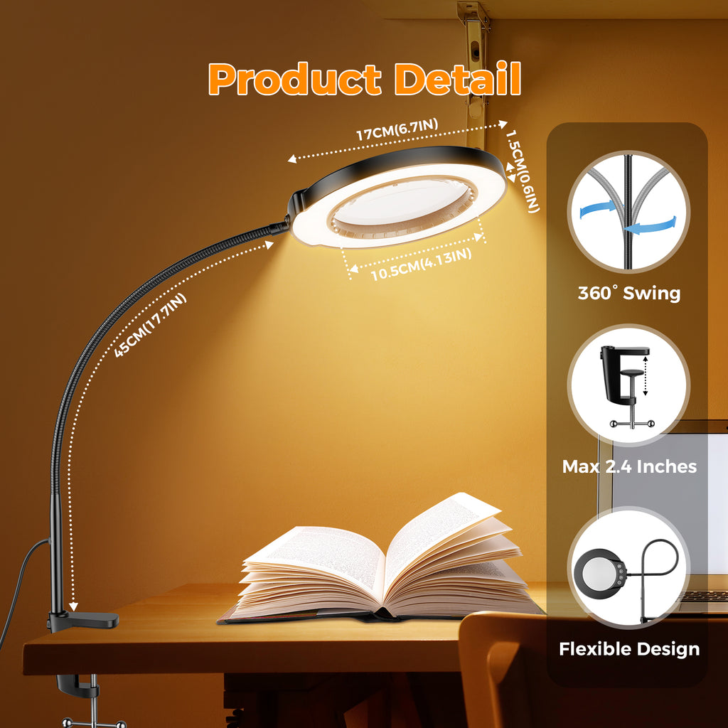 10X Magnifying Glass Lamp with Light and Stand, 5Color Modes & 5 Brightness Levels, Adjustable Swivel Arm for Close Work, Reading, Crafts, Repairing