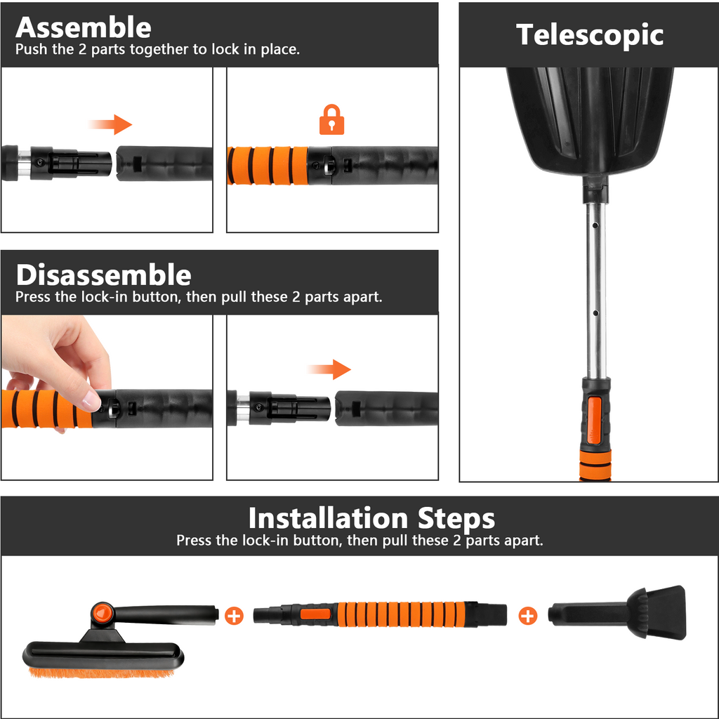 42'' Ice Scraper and Extendable Snow Brush Emergency Snow Shovel Snow Broom with Foam Grip 180° Pivoting Brush Head Snow Scraper for Cars, Trucks, SUVs, Vehicle