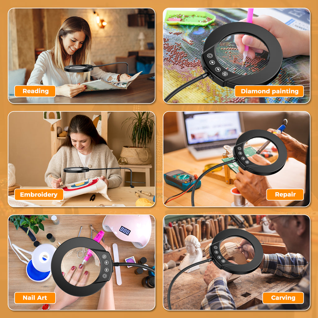 10X Magnifying Glass Lamp with Light and Stand, 5Color Modes & 5 Brightness Levels, Adjustable Swivel Arm for Close Work, Reading, Crafts, Repairing