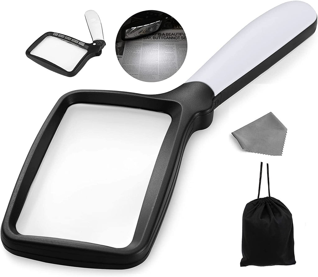 Nazano Folding Handheld Magnifying Glass with Dimmable LED Light, 3X Large Rectangle Lighted Magnifier for Seniors Reading Books, Newspaper, Low Vision & Macular Degeneration