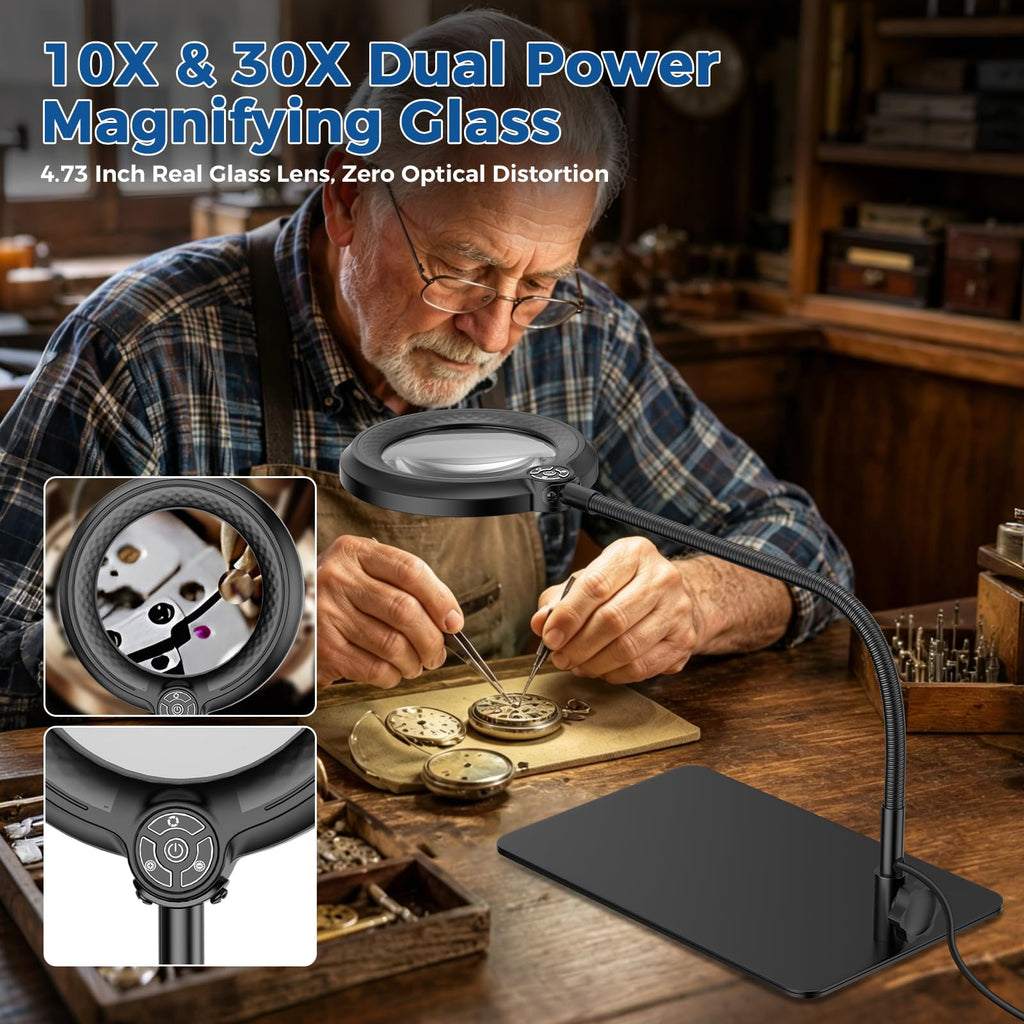 Nazano magnifier equipped with 4.73 inch real glass lens, dual magnification 10X & 30X, zero optical distortion for watch repair, jewelry making and miniature work
