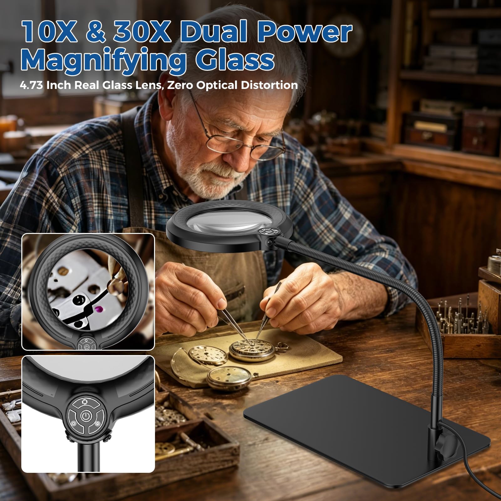 Nazano magnifier equipped with 4.73 inch real glass lens, dual magnification 10X & 30X, zero optical distortion for watch repair, jewelry making and miniature work