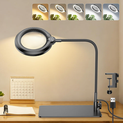 Nazano 2-in-1 LED Magnifying Desk Lamp with 10X & 30X Real Glass Lens, Flexible Gooseneck, Detachable Base & Table Clamp, 5 Color Modes Magnifier Light for Craft, Repair, Reading