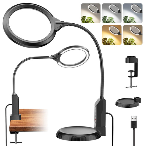Nazano 2-in-1 Magnifying Glass with Light, Flexible Gooseneck Magnifier Lamp with Base & Clamp, 5 Color Modes LED Ring Light, Real Glass Lens for Crafts, Repair, Reading