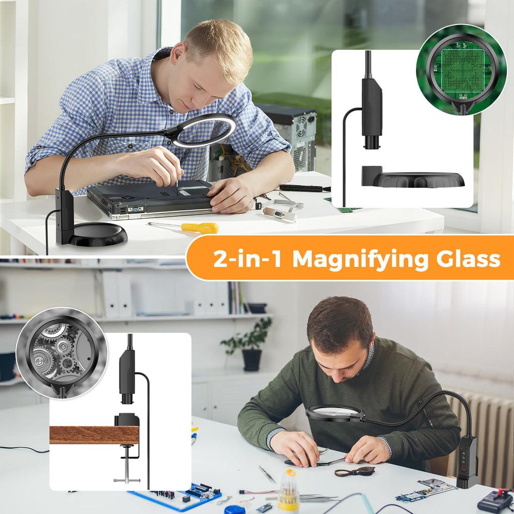 Nazano 2-in-1 LED Magnifying Glass Lamp, equipped with stable base and table clamp, flexible gooseneck for electronics repair, soldering, watch maintenance