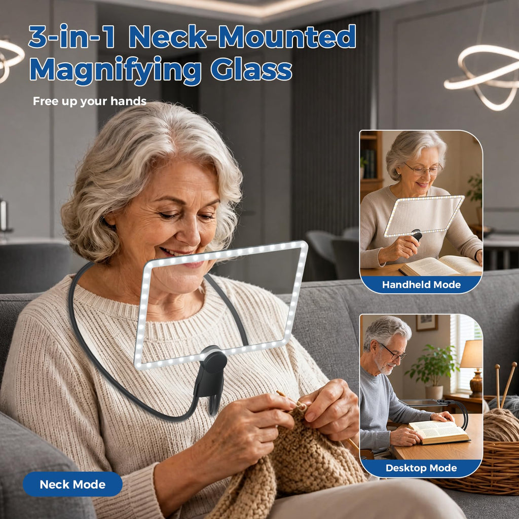 3 usage modes - neck mode, handheld mode & desktop mode, Nazano led lighted magnifying glass free your both hands for embroidery, repair, knitting
