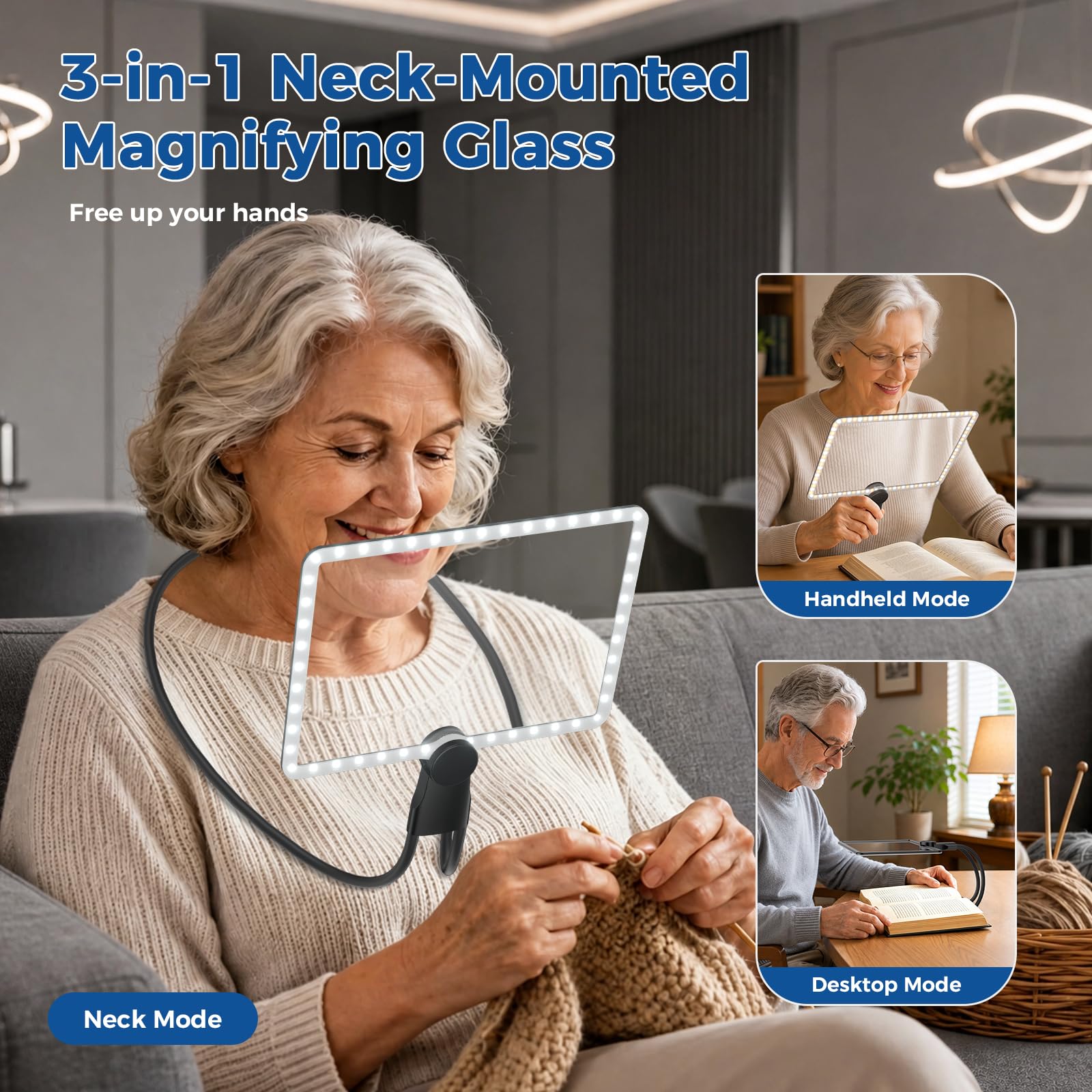 3 usage modes - neck mode, handheld mode & desktop mode, Nazano led lighted magnifying glass free your both hands for embroidery, repair, knitting