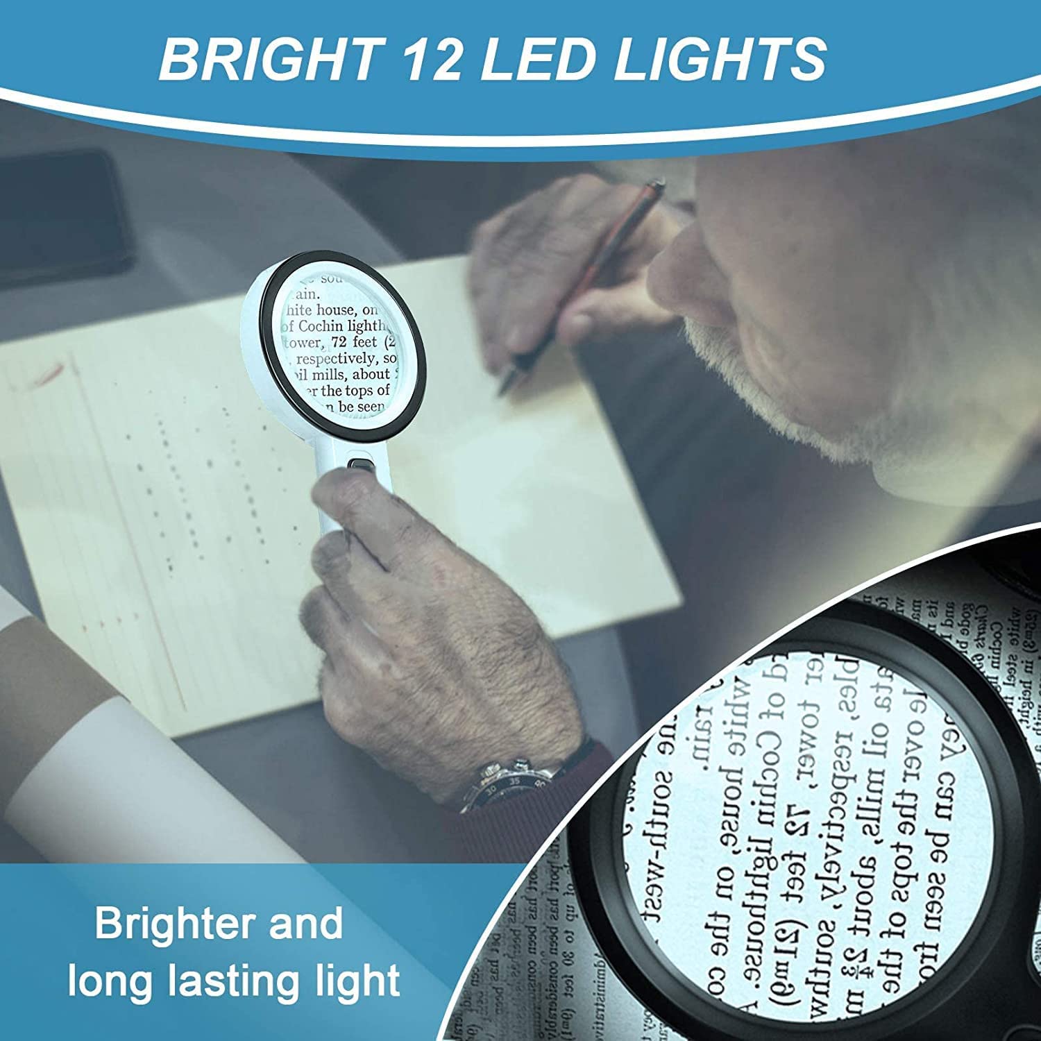 Nazano 30X Lighted Magnifying Glass with 12 Ultra Bright LED Lights, Long Lasting Illumination, Handheld Magnifier for Seniors Reading Small Print