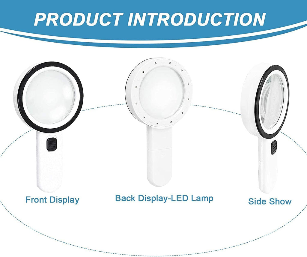 Nazano Round 30X Magnifying Glass with LED Lights, Front, Back and Side Display, Handheld Lighted Magnifier for Hobby and Inspection