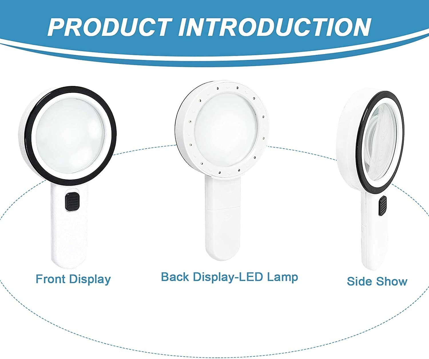 Nazano Round 30X Magnifying Glass with LED Lights, Front, Back and Side Display, Handheld Lighted Magnifier for Hobby and Inspection