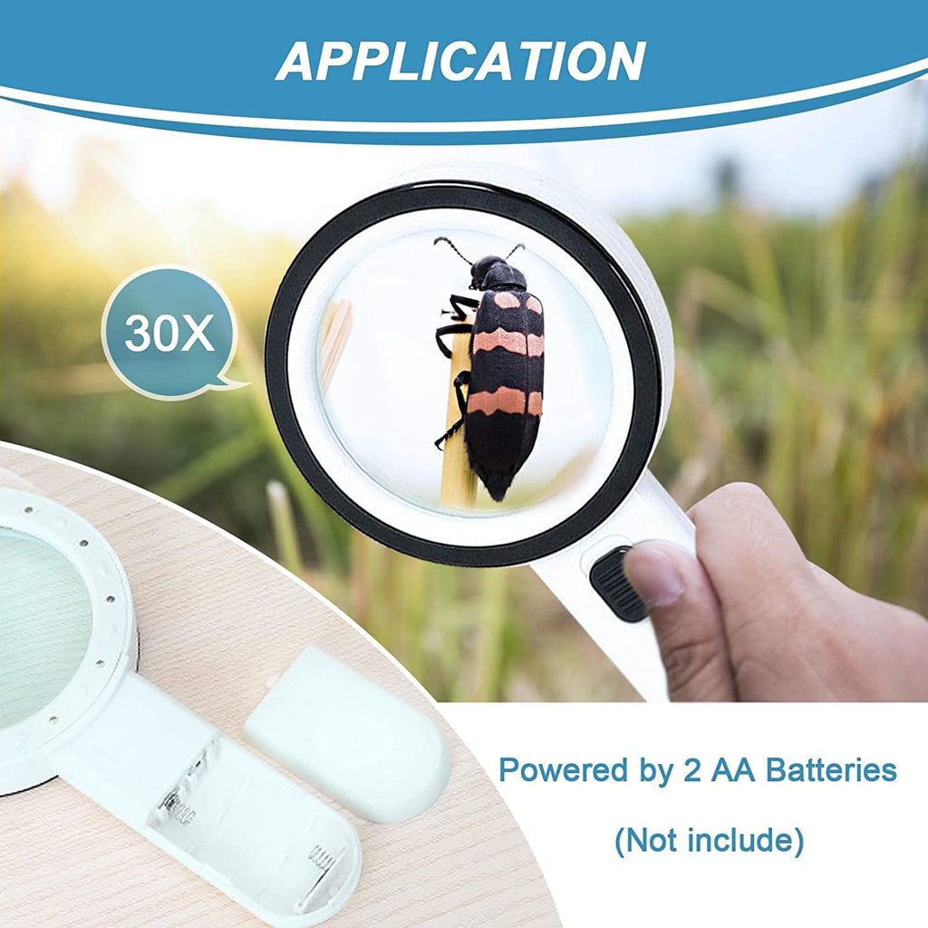 Nazano 30X Handheld LED Magnifier Application, Powered by 2 AA Batteries (Not Included), For Insect Observation, Jewelry Inspection, Low Vision Reading