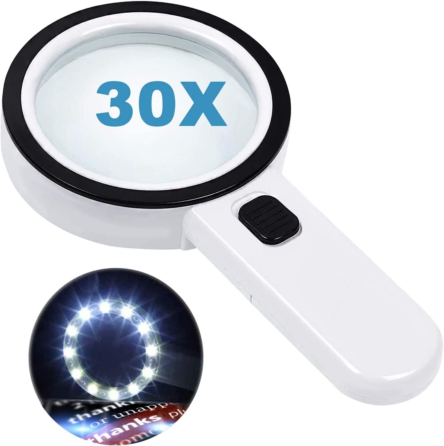 Nazano 30X Handheld Magnifying Glass with 12 LED Ring Lights, K9 Optical Lens Lighted Magnifier for Jewelry Appraisal, Coin, Stamp, Seniors Low Vision Aid