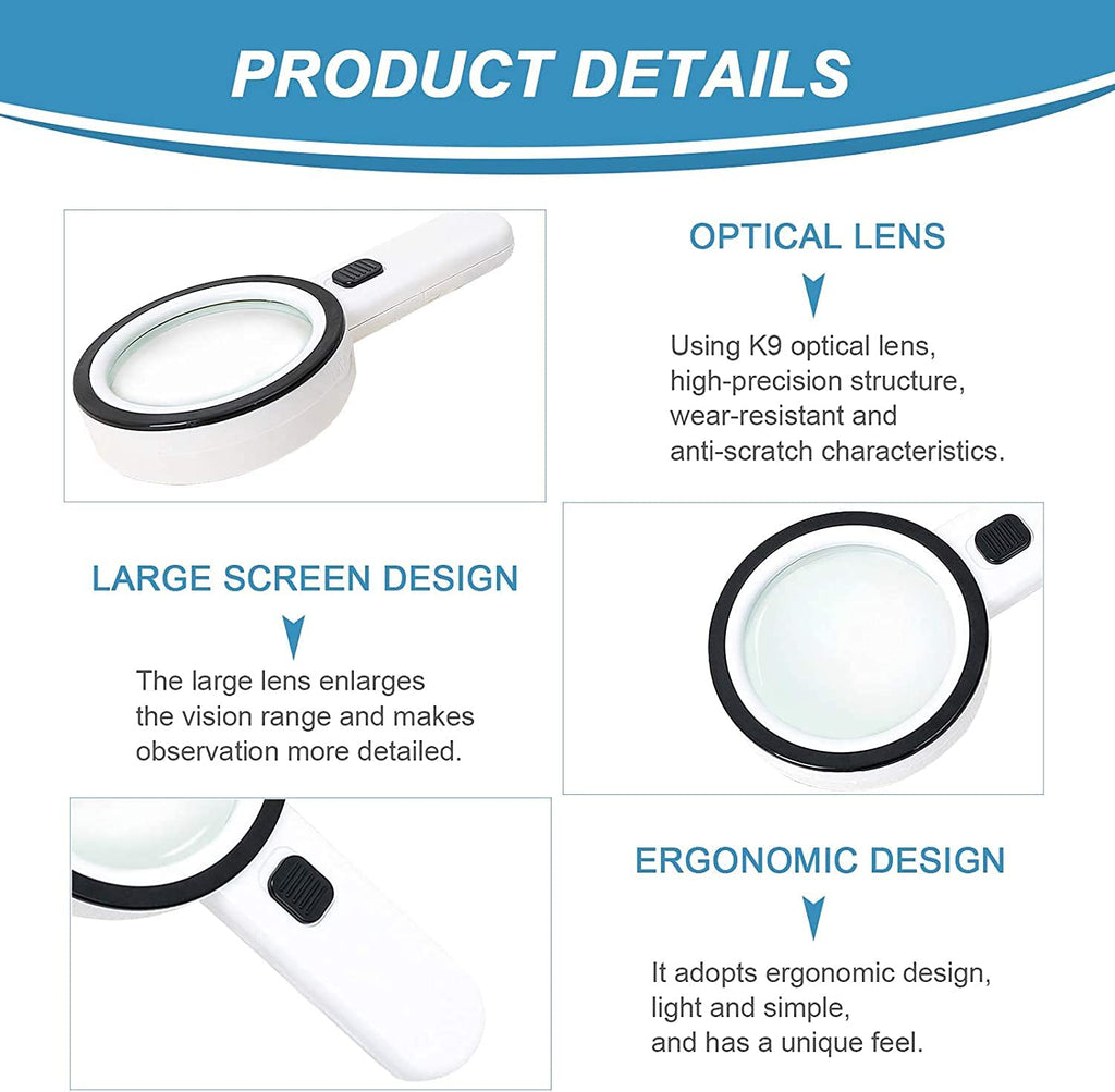 Nazano 30X Handheld Magnifier Product Details, K9 Optical Lens, Large View Lens, Ergonomic Handle, Lighted Magnifying Glass for Jewelry, Seniors Reading