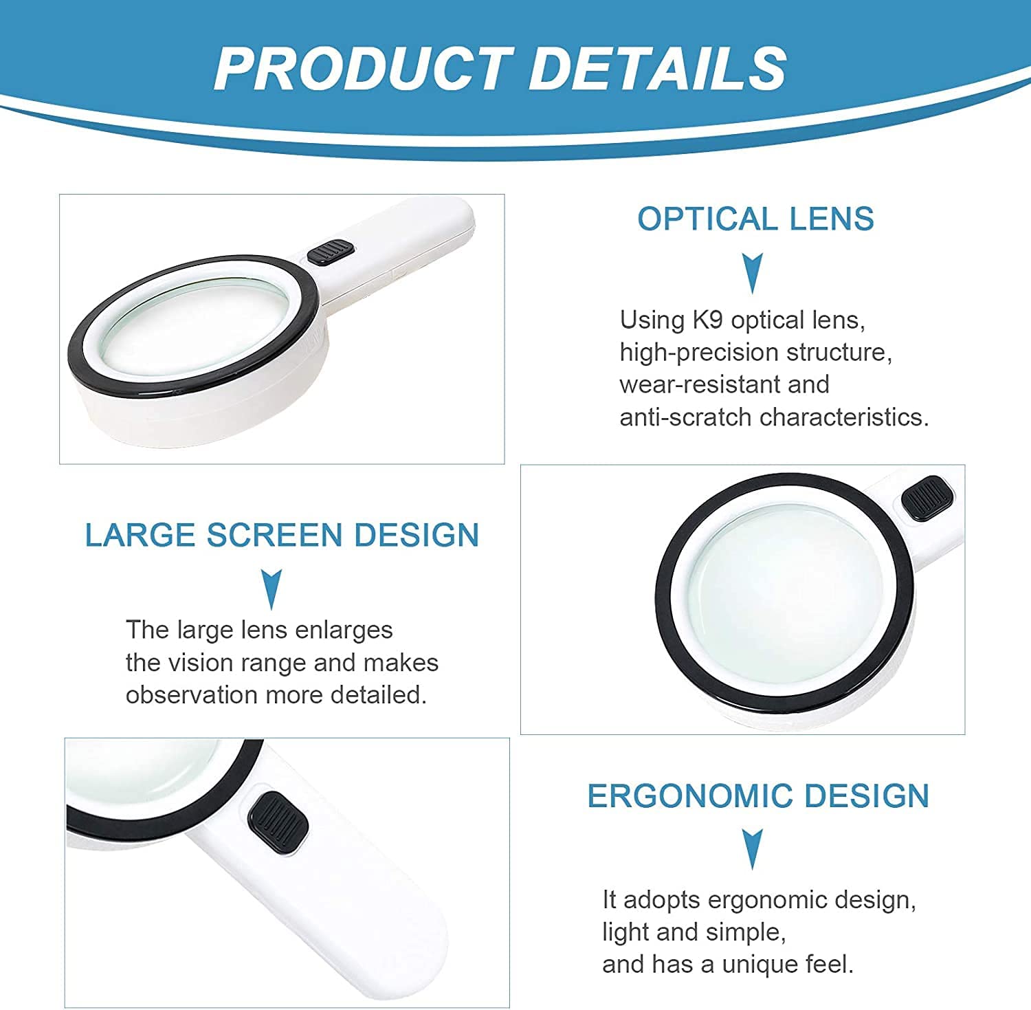 Nazano 30X Handheld Magnifier Product Details, K9 Optical Lens, Large View Lens, Ergonomic Handle, Lighted Magnifying Glass for Jewelry, Seniors Reading