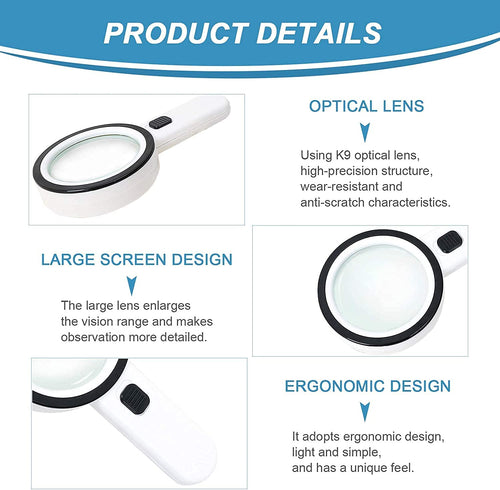 Nazano 30X Handheld Magnifier Product Details, K9 Optical Lens, Large View Lens, Ergonomic Handle, Lighted Magnifying Glass for Jewelry, Seniors Reading