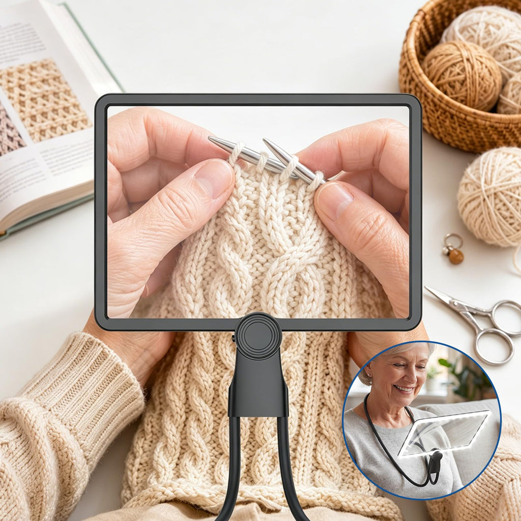 Nazano 3-in-1 Neck Mounted Magnifying Glass with LED Light, 5X Large Rectangle Magnifier, Rechargeable Hands Free Magnifier for Knitting, Reading, Cross Stitch, Seniors Hobby