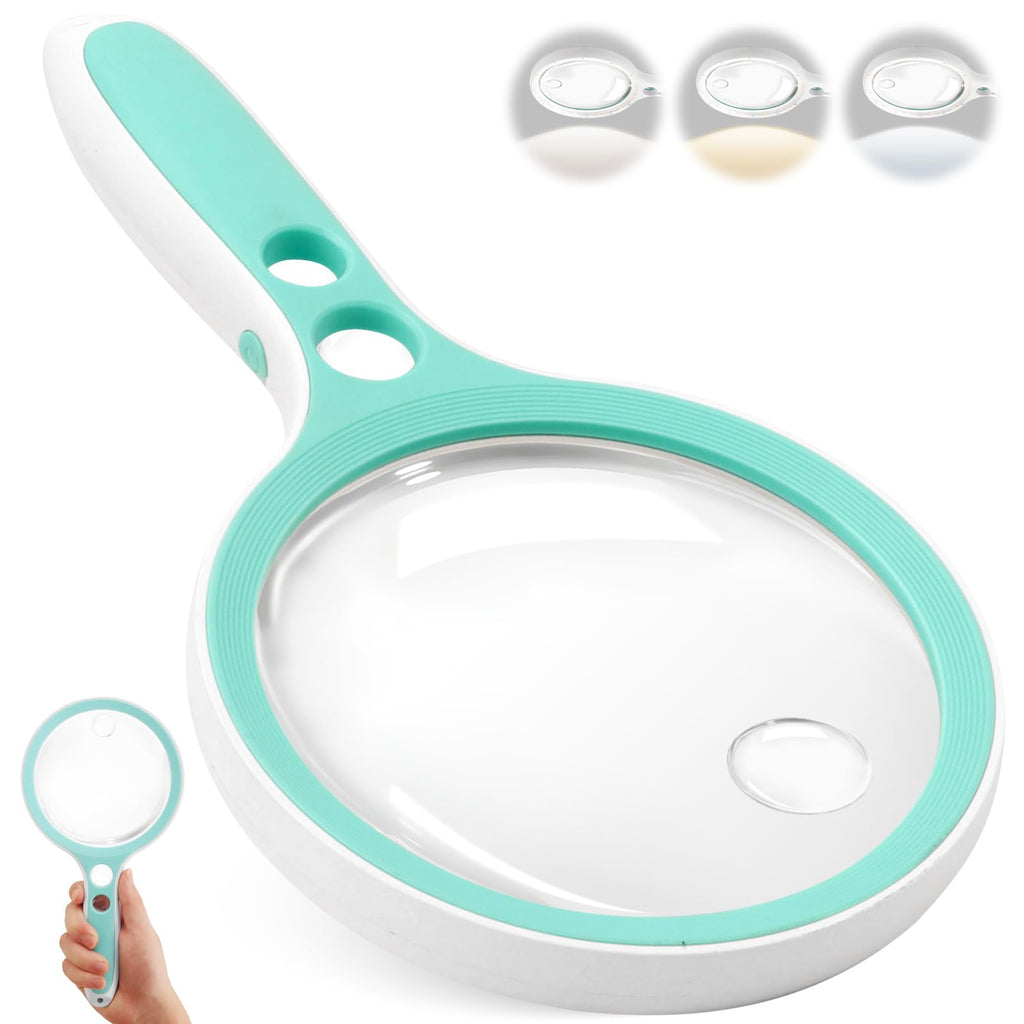 Nazano Large Handheld Magnifying Glass with Light Green, 10X 25X 45X 60X HD Magnifier, 5 Inch Big Lens 12 LED Illuminated Magnifier for Seniors Reading, Coins, Jewelry Inspection