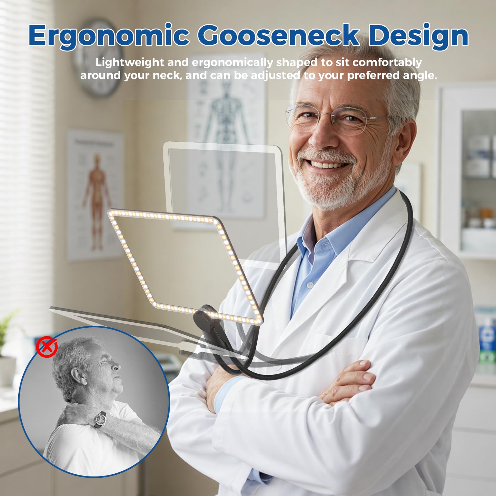 Ergonomic flexible gooseneck neck magnifier, adjustable viewing angle, lightweight design avoids neck soreness for long time craft work