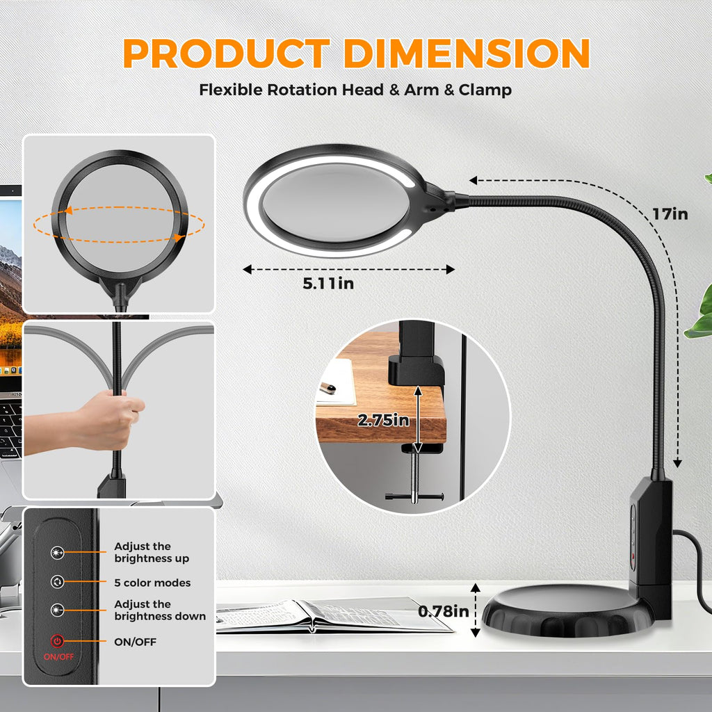 Nazano Hands Free Magnifying Lamp dimension diagram, 17 inch flexible rotatable gooseneck, 5.11 inch large glass lens, clamp fits tables up to 2.75 inches