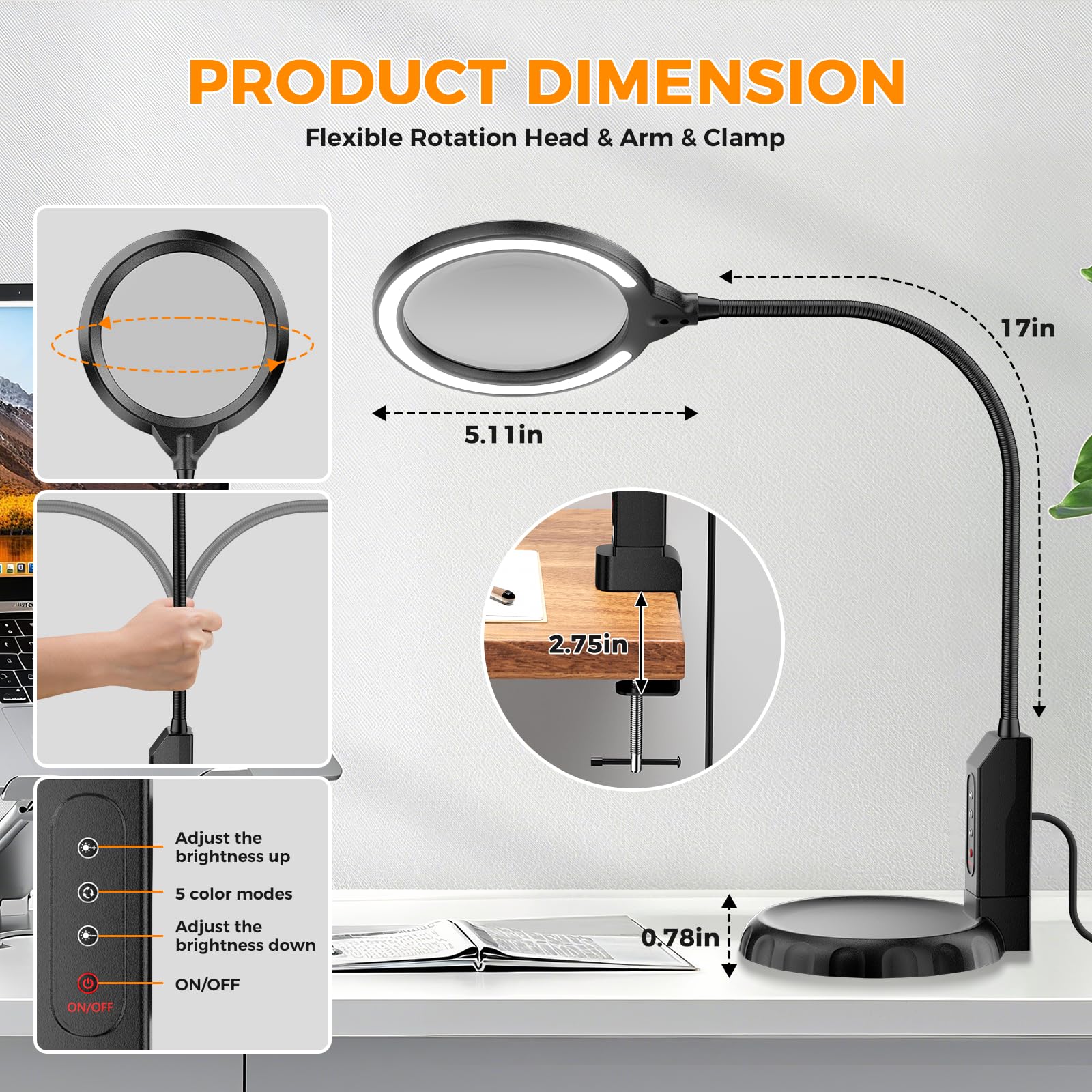 Nazano Hands Free Magnifying Lamp dimension diagram, 17 inch flexible rotatable gooseneck, 5.11 inch large glass lens, clamp fits tables up to 2.75 inches