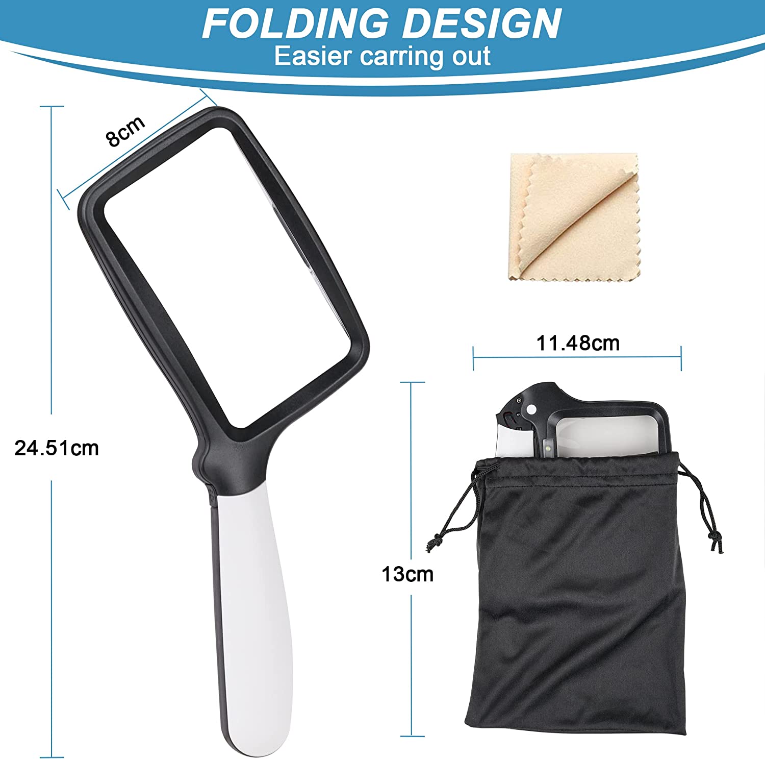 Nazano Folding Handheld 3X Rectangular Magnifying Glass with LED Light, Product Size Dimension Chart, Foldable Portable Magnifier with Storage Pouch and Cleaning Cloth for Seniors Reading