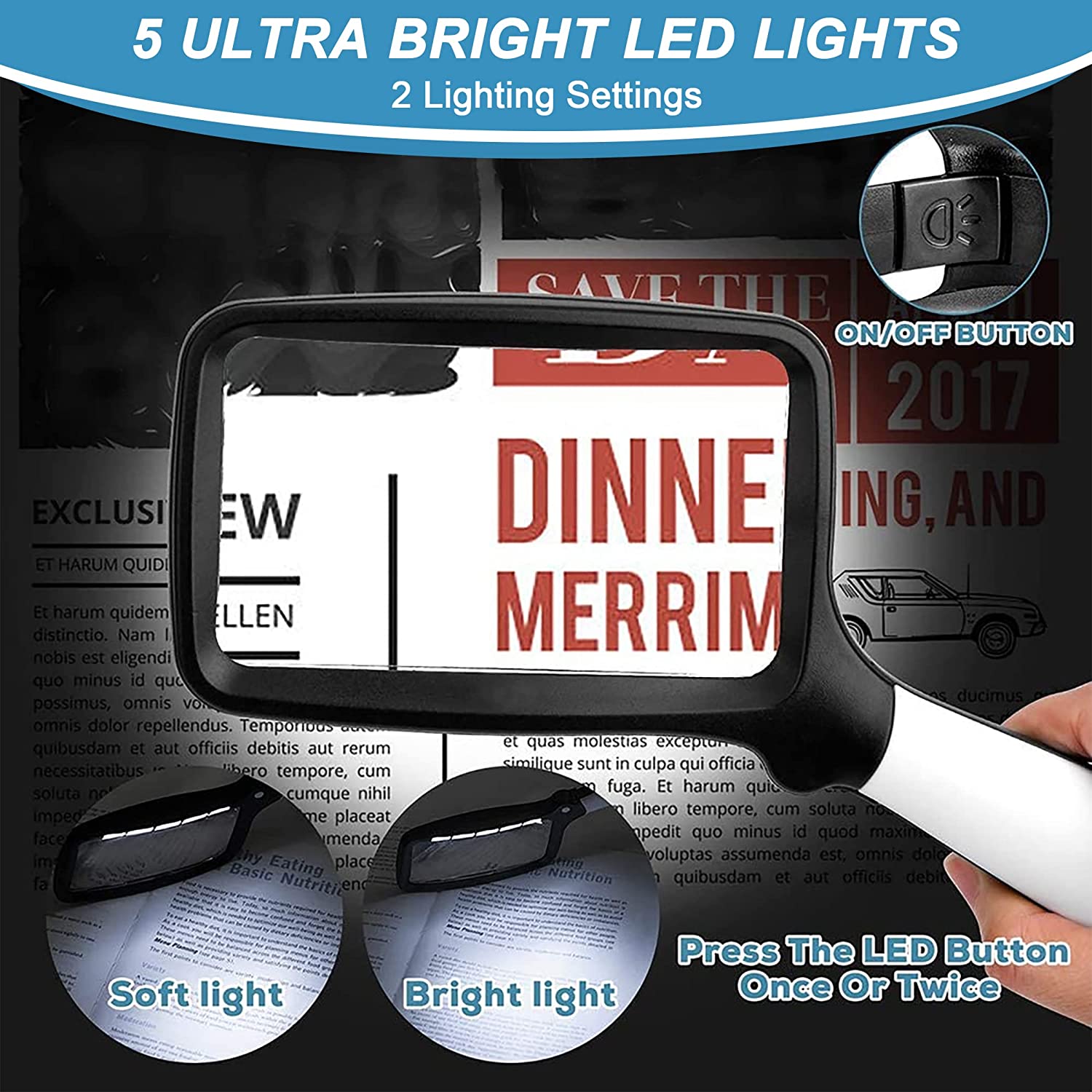 Nazano Folding Handheld Magnifying Glass with 5 Ultra Bright LED Lights, 2 Adjustable Lighting Modes (Soft Light & Bright Light), Lighted Rectangular Magnifier for Seniors Low Vision Reading