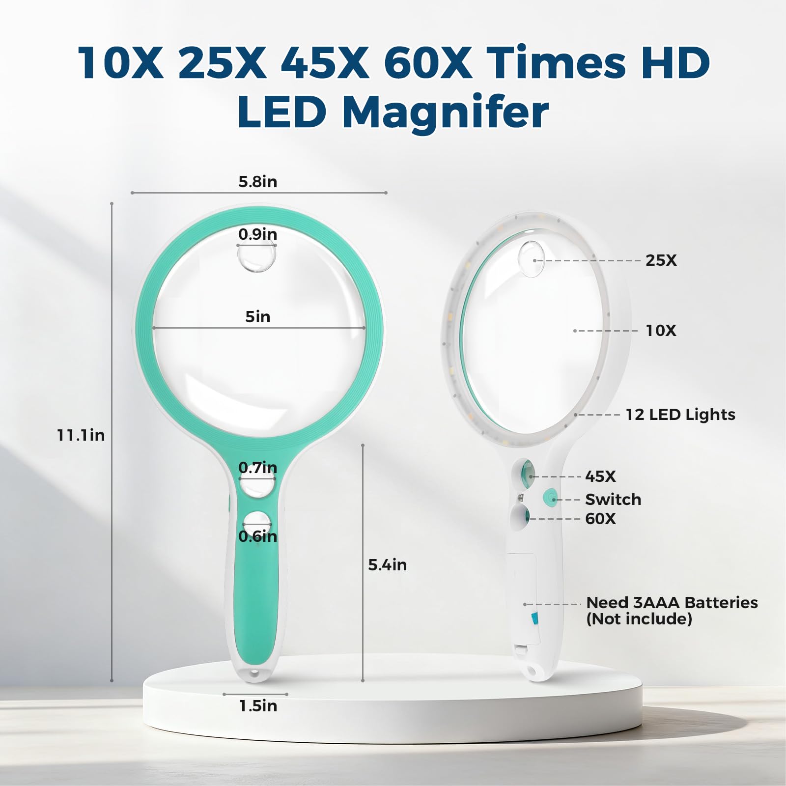 Nazano 5 inch handheld magnifying glass dimension chart, 10X 25X 45X 60X multi magnification, built-in 12 LED lights, powered by 3 AAA batteries