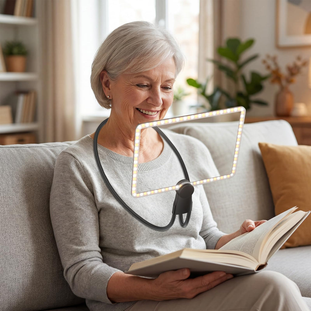 Hands free neck worn magnifying glass with LED lighting, lightweight flexible gooseneck magnifier for the elderly reading newspaper, books and small print
