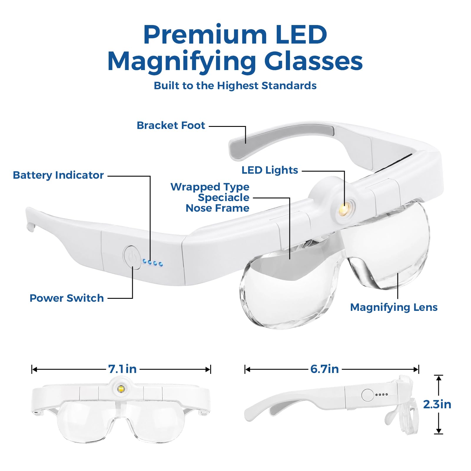 Structure and dimension diagram of Nazano premium LED head magnifying glasses, power button, battery indicator, replaceable magnifying lenses and soft nose pads
