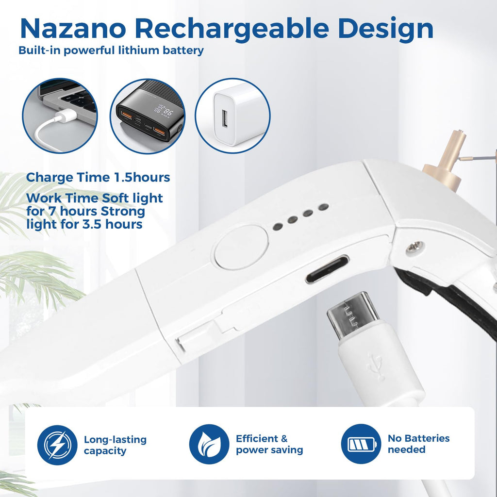 Nazano rechargeable head magnifying glass built-in lithium battery, Type-C charging, 1.5 hours full charge, up to 7 hours runtime with soft light, no disposable batteries needed