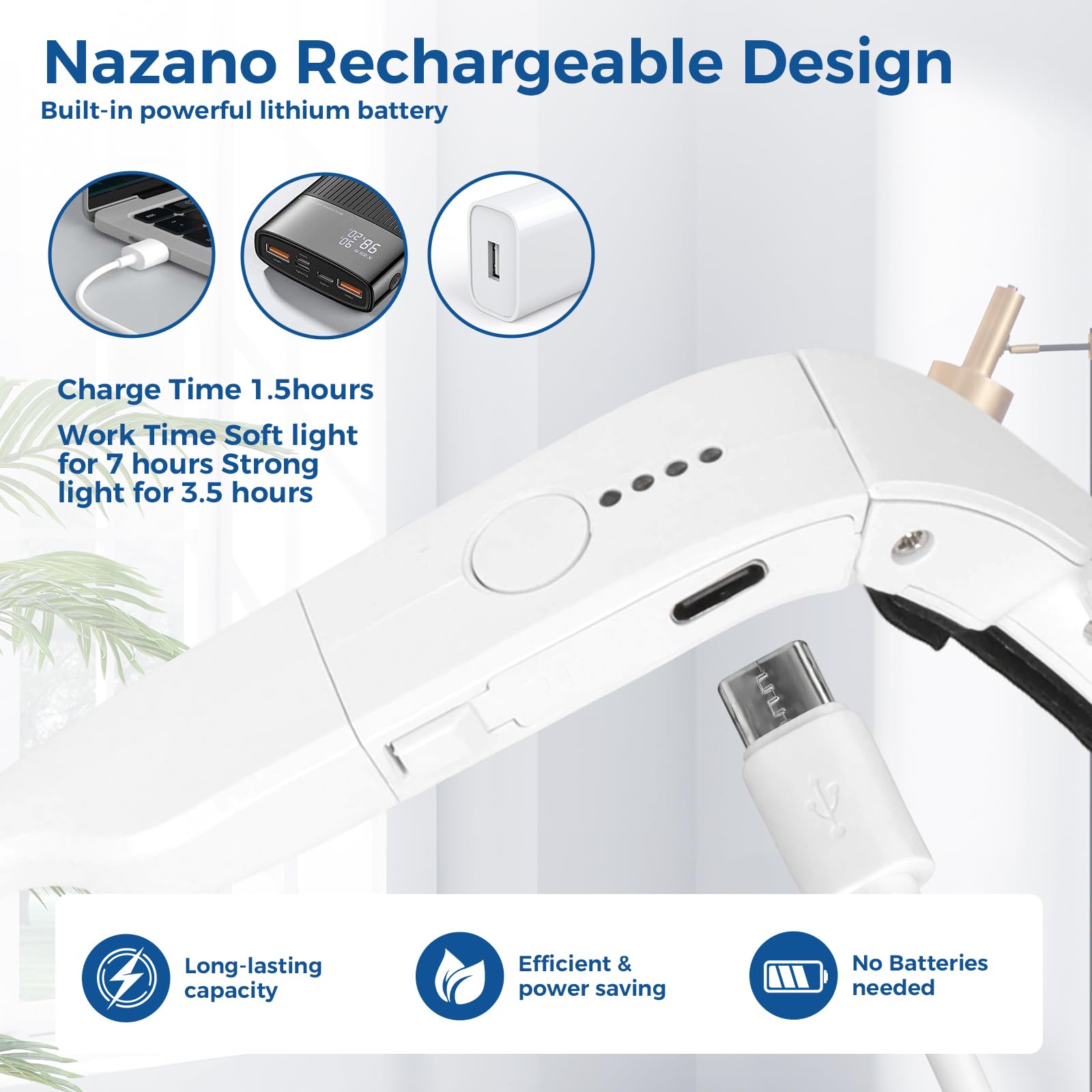 Nazano rechargeable head magnifying glass built-in lithium battery, Type-C charging, 1.5 hours full charge, up to 7 hours runtime with soft light, no disposable batteries needed