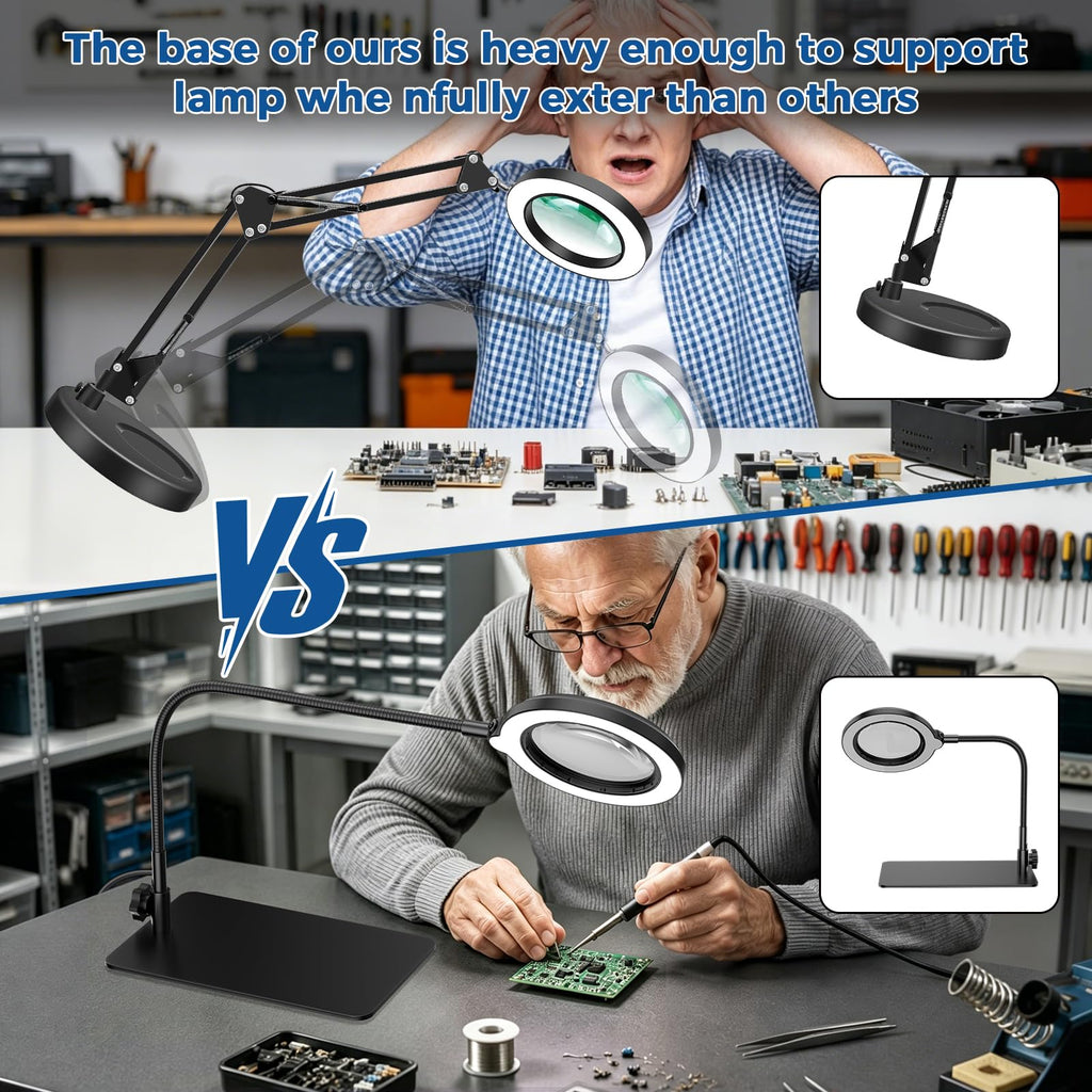 Nazano weighted solid base prevents tipping when fully extended, more stable than folding arm magnifier lamps for electronics repair and precision work