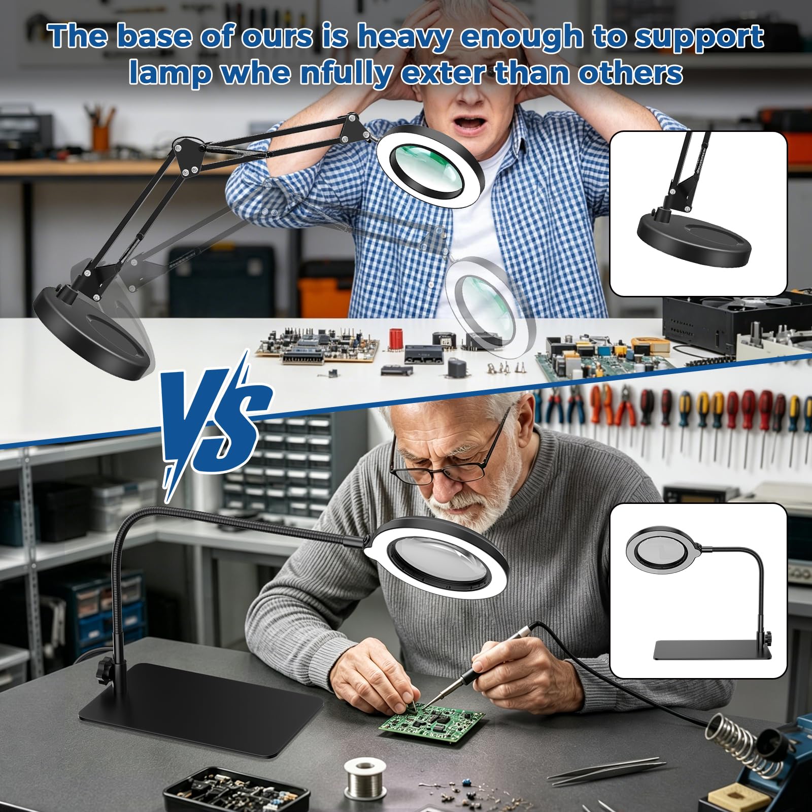 Nazano weighted solid base prevents tipping when fully extended, more stable than folding arm magnifier lamps for electronics repair and precision work