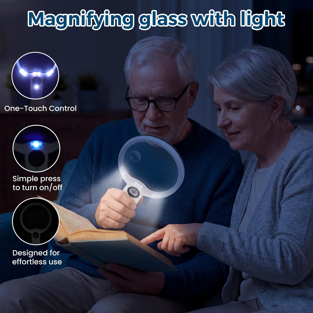 One-touch control LED magnifying glass, low light reading support, flicker-free illumination for elderly users