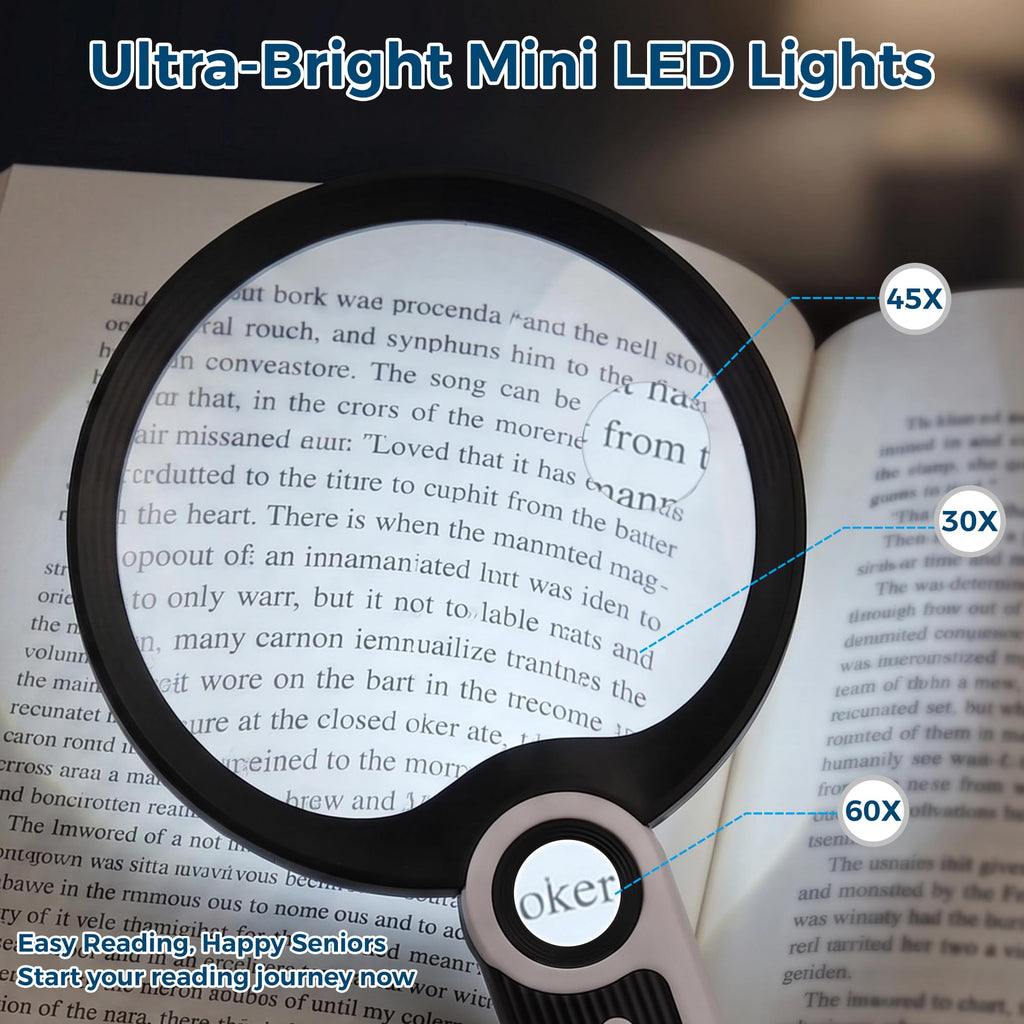 One-touch control LED magnifying glass, low light reading support, flicker-free illumination for elderly users